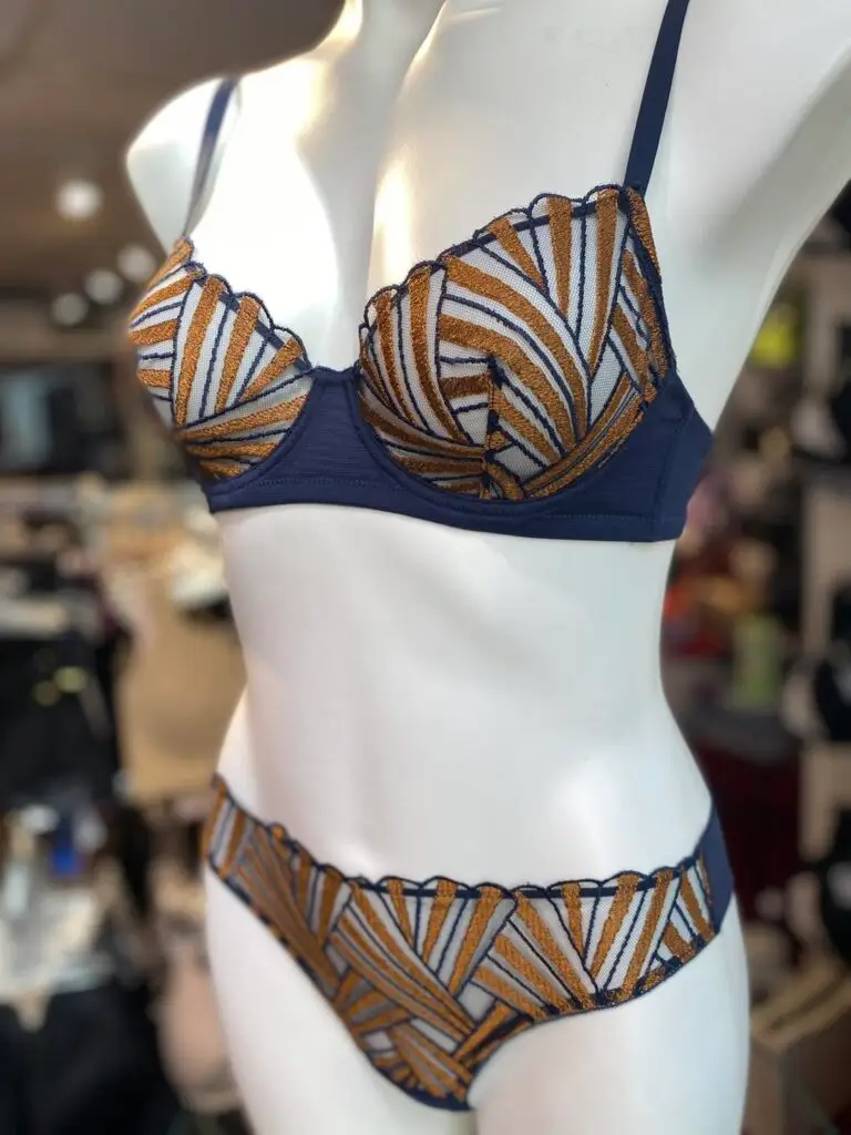 A navy and gold lingerie set featuring a sheer bra with bold geometric embroidery and matching panties, displayed on a mannequin in a boutique setting.